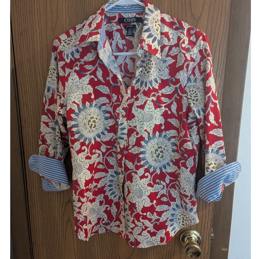 Chaps Floral No Iron Button Down Collar Shirt 3/4 Sleeve Cotton Red Blue-M
